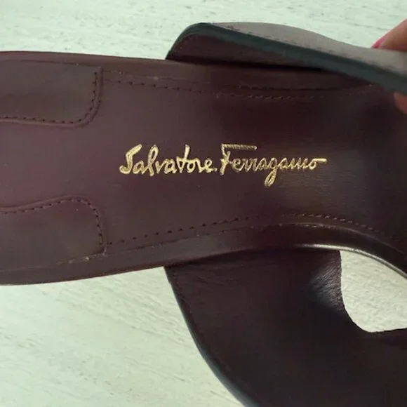 Salvatore Ferragamo Burgundy Sandals with Gold Heel - Picture 3 of 7
